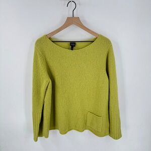 EILEEN FISHER Textured Knit Pullover Sweater Lime Green Boat Neck Pocket Size L